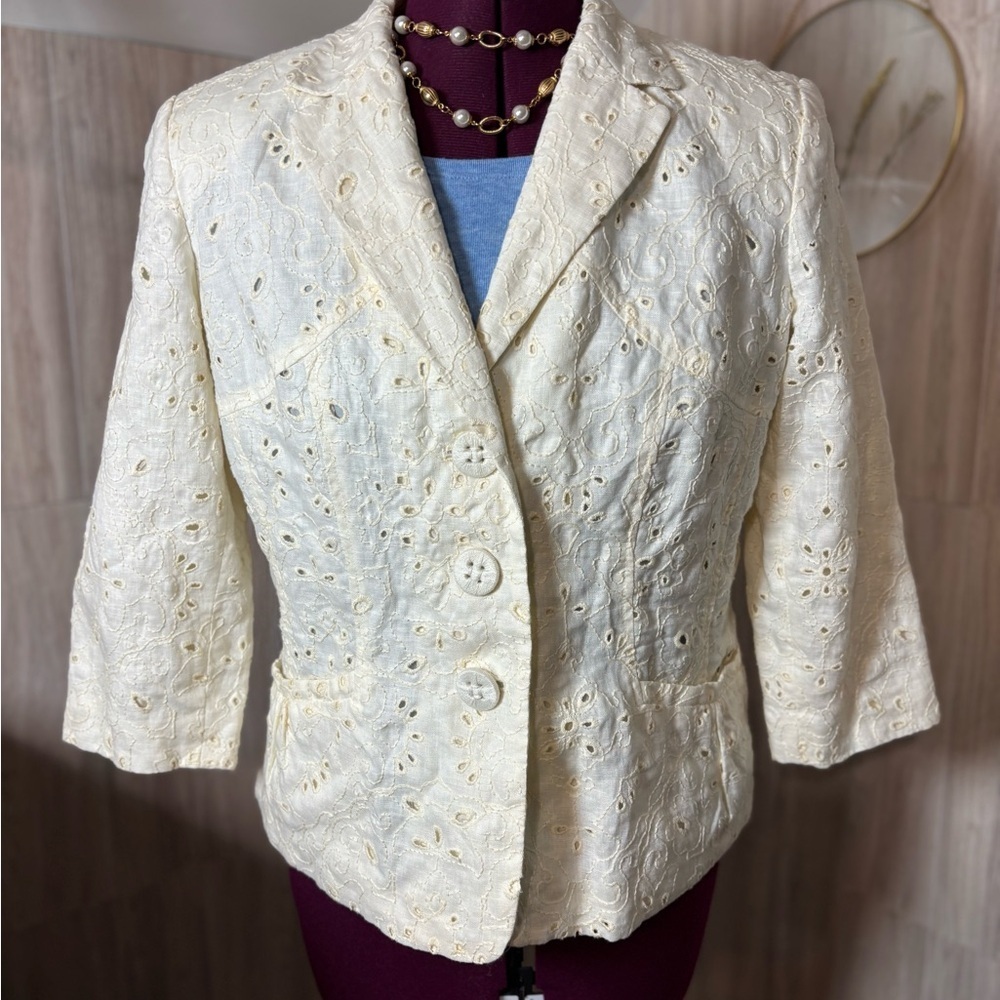 Coldwater Creek Elegant Cream Lace Eyelet Linen Women's Jacket